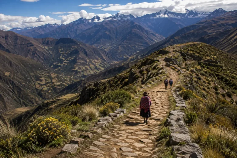 Qhapaq Ñan em antigo caminho andino atravessando paisagem montanhosa