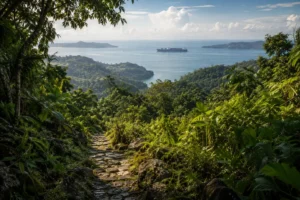 Antigo caminho de pedras entre vegetação tropical com navio atravessando as águas do Panamá