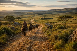 Antigo caminho tropeiro pelos Campos Gerais com viajantes e animais ao longe