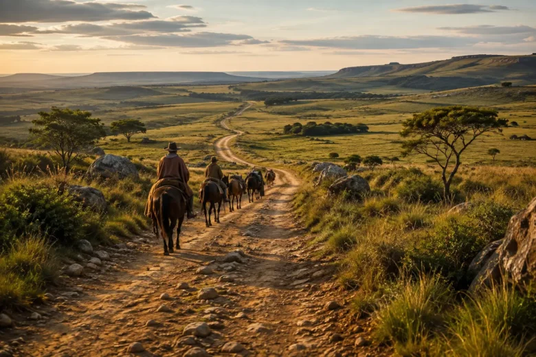 Antigo caminho tropeiro pelos Campos Gerais com viajantes e animais ao longe