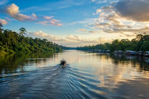 Embarcação navegando por amplo rio da Amazônia entre margens cobertas pela floresta