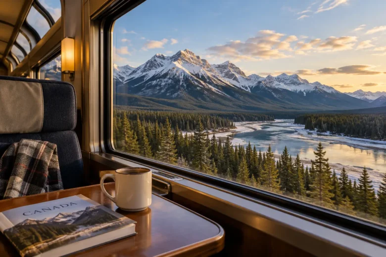 Interior de trem de longa distância com paisagem canadense pela janela
