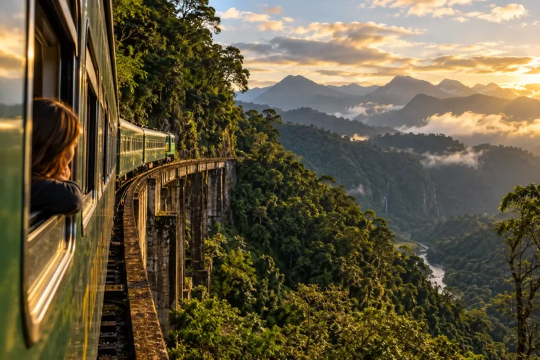 Trem atravessando a Mata Atlântica na Serra do Mar entre Curitiba e Morretes