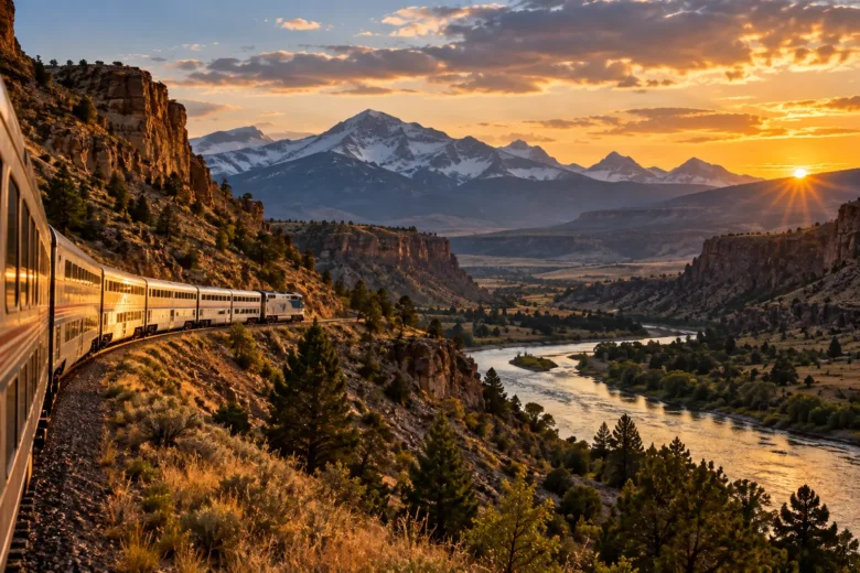 Trem de longa distância atravessando paisagem montanhosa do oeste dos Estados Unidos