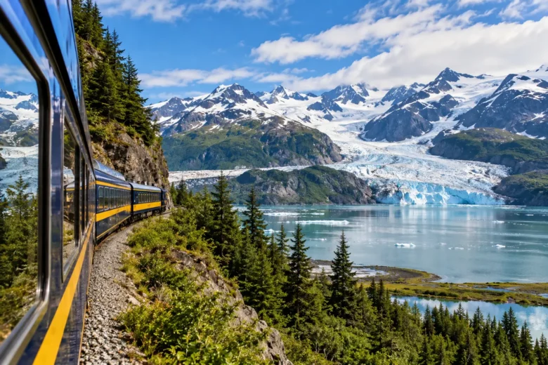 Trem atravessando paisagem de montanhas e geleiras no Alasca