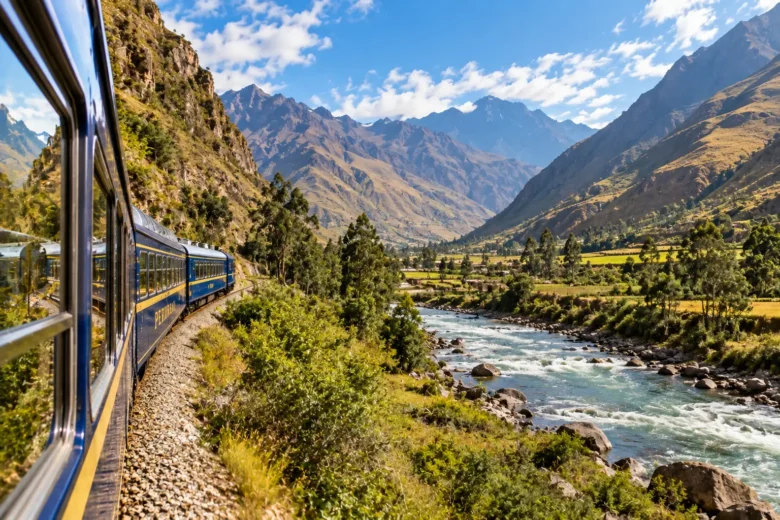 Trem atravessando o Vale Sagrado entre montanhas e o rio Urubamba no Peru