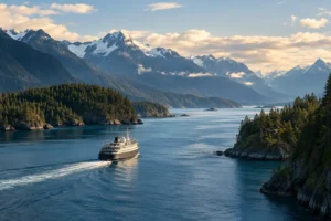 Ferry navegando entre ilhas e montanhas no Inside Passage rumo ao Alasca