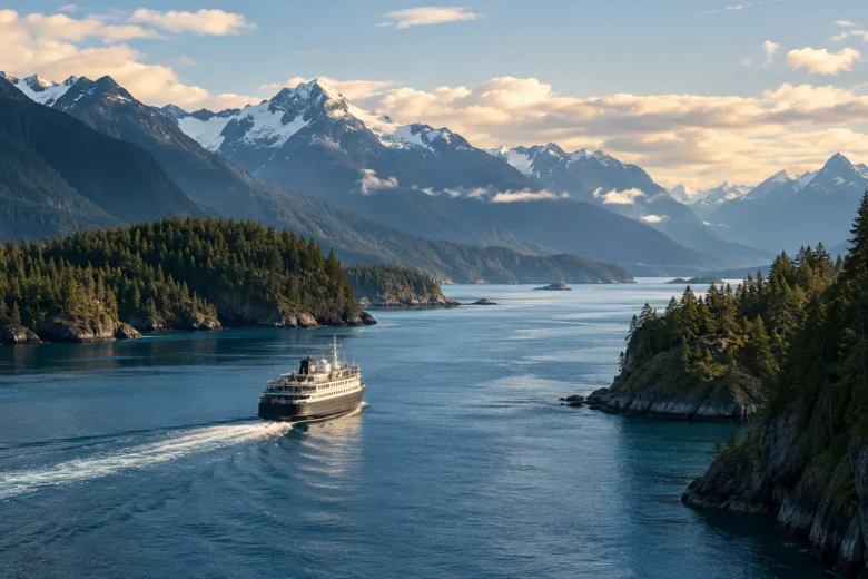 Ferry navegando entre ilhas e montanhas no Inside Passage rumo ao Alasca