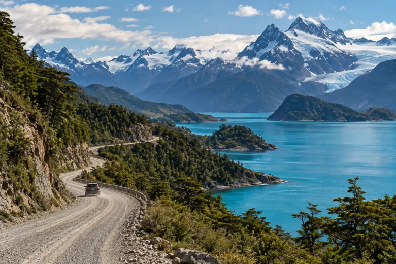 Estrada de cascalho atravessando montanhas e lagos da Patagônia chilena