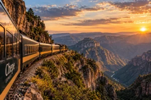 Chepe Express atravessando as Barrancas del Cobre na Sierra Tarahumara, no México