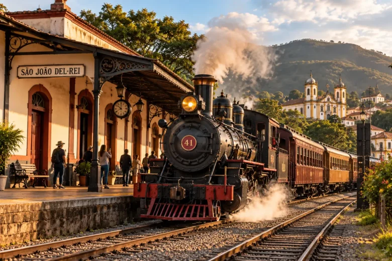 Maria Fumaça de São João del-Rei partindo da estação histórica em Minas Gerais