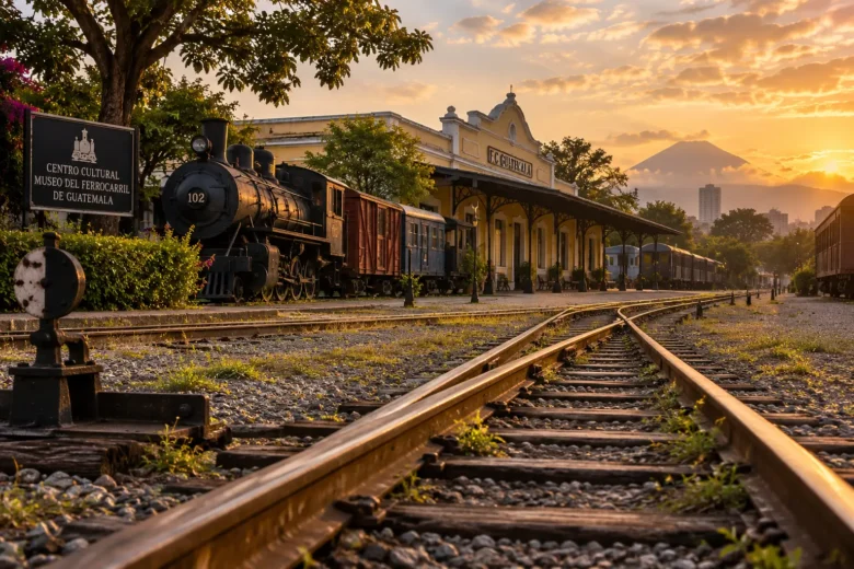 Trilhos e locomotivas históricas no Museo del Ferrocarril de Guatemala