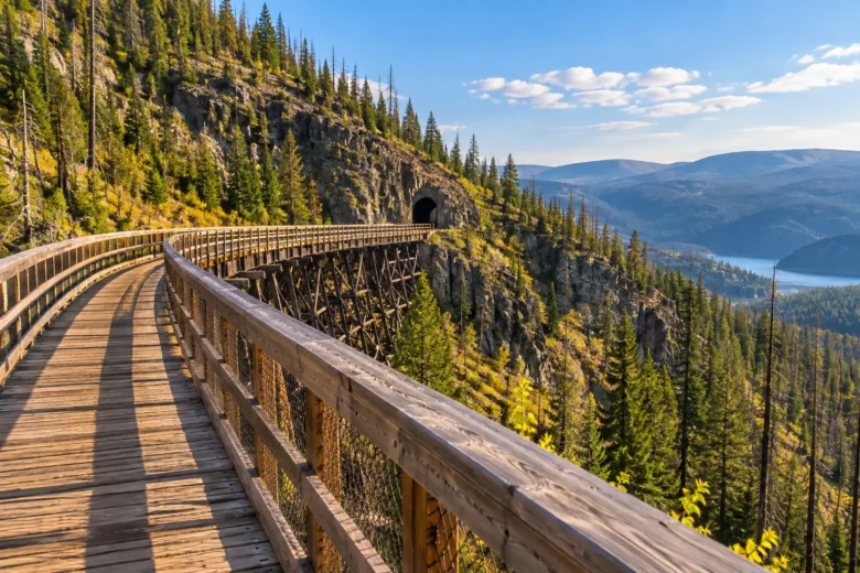 Antigo leito da Kettle Valley Railway atravessando Myra Canyon, no Canadá